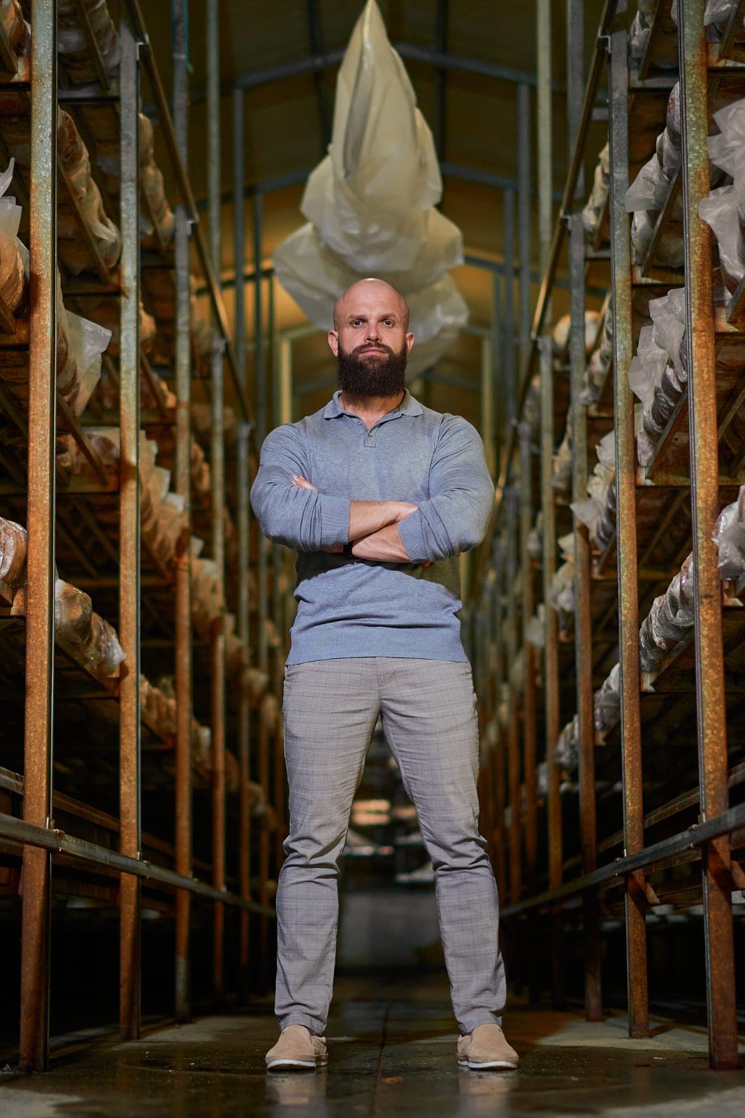 Cezary Szewczuk, Chief Operating Officer of Mushroom Empire, at the cultivation hall in Lublin region, Poland — the actual facility where Lion's Mane and Reishi batches are grown.